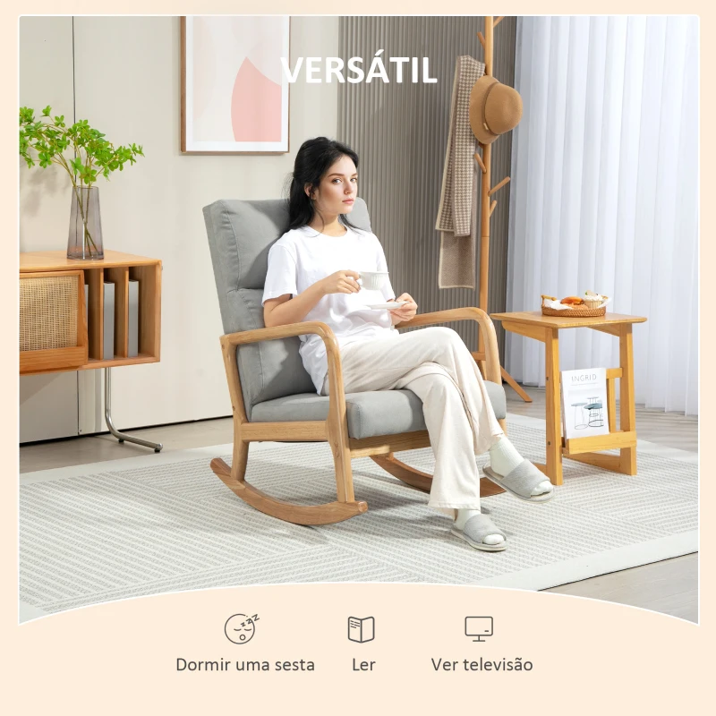 HOMCOM Poltrona Baloiço Estofada em Linho com Pés de Madeira de Borracha e Apoio para os Braços 65x87x94,5 cm Cinza