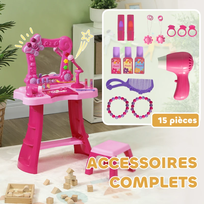 AIYAPLAY 15 PCS Coiffeuse enfant avec tabouret et miroir, lumière, musique, microphone, sèche-cheveux, espace de rangement