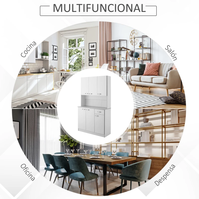 HOMCOM Alacena de Cocina Aparador de Comedor con 1 Cajón 6 Puertas y Estantes Ajustable Estilo Moderno 101x39x180 cm Blanco(m-7)