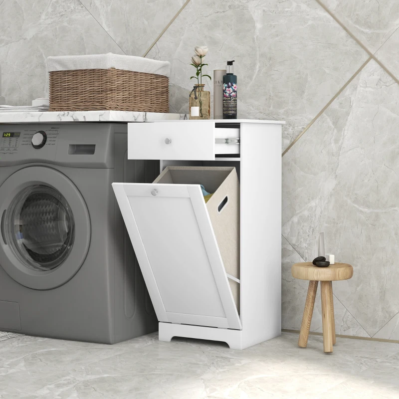 HOMCOM Badezimmermöbel mit klappbarem Wäschekorb, Aufbewahrungsmöbel mit Schublade - 40L x 40B x 90,5H cm - Weiß