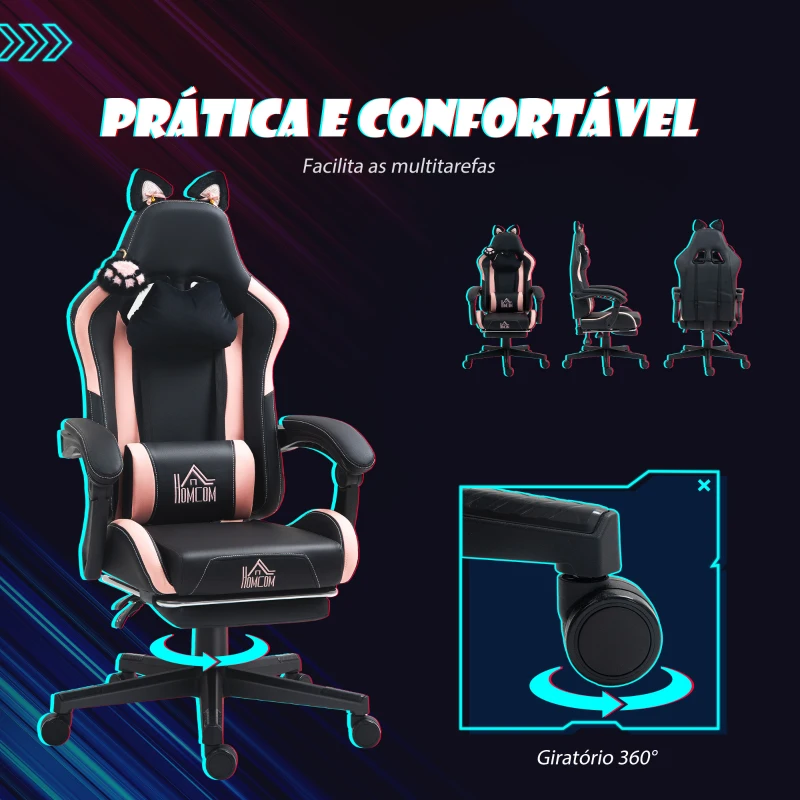 HOMCOM Cadeira Gaming com Orelhas Cadeira Gamer Reclinável com Altura Ajustável e Suporte Lombar 65x62x116-124 cm Preto e Rosa