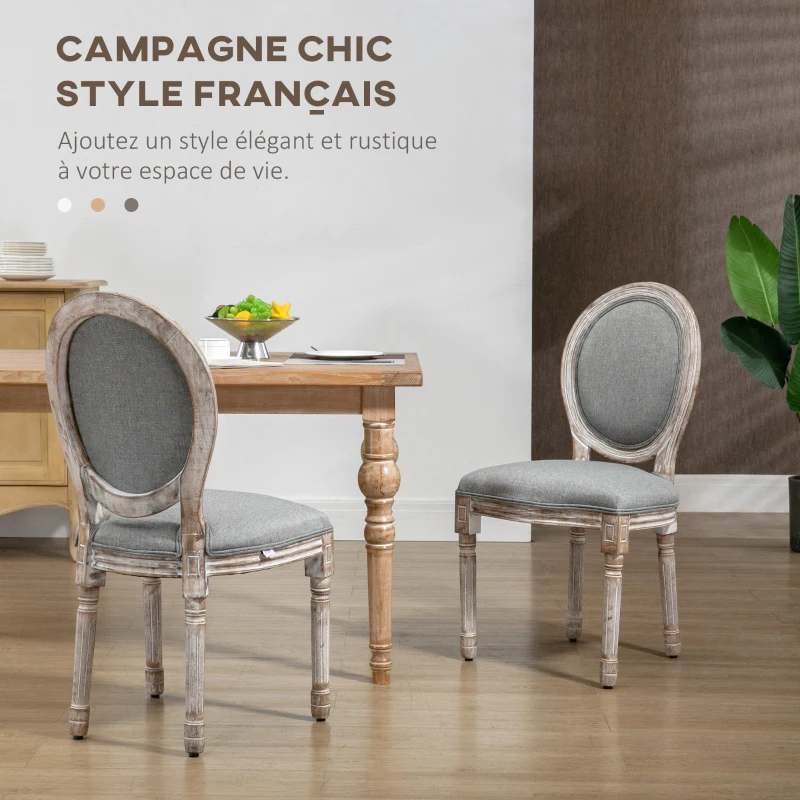 HOMCOM Lot de 2 chaises de Salle à Manger médaillon Style Louis XVI - Bois Massif sculpté, patiné - Aspect Lin gris