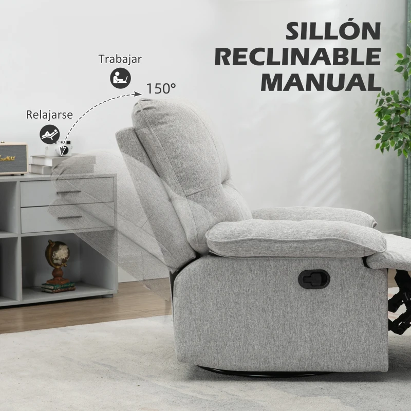 HOMCOM Sofá Reclinable Manual Sillón Relax Tapizado en Tela Reposapiés Carga 160 kg para Personas 150-190 cm 89x98x101 cm Gris