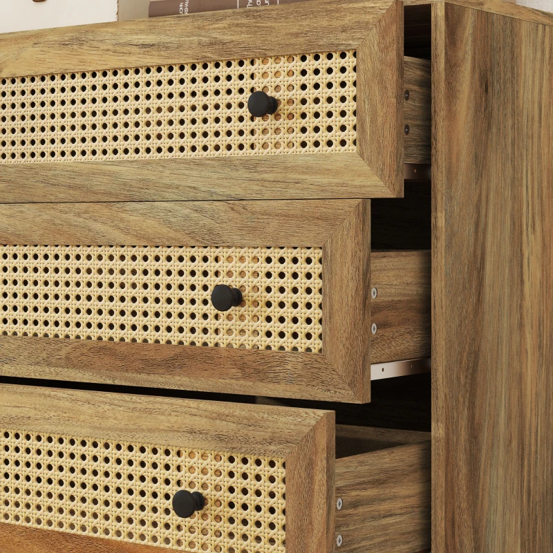 HOMCOM 3-Drawer Chest Storage Unit Rattan Cane Light Wood Appearance 80 x 35 x 76 cm