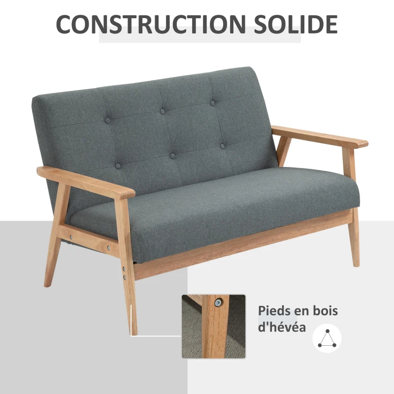 HOMCOM Canapé 2 places style scandinave avec accoudoirs, pieds en bois, 115l x 66,5P x 73H cm, gris