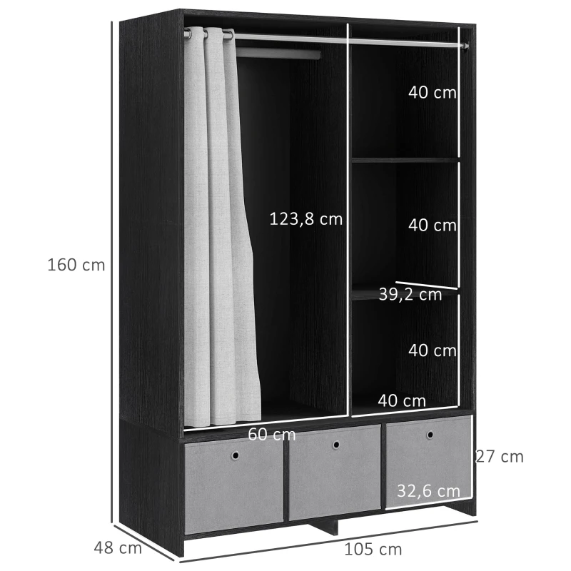 HOMCOM Kleiderschrank Kleiderschrank mit Stange Vorhang 3 Fächern und 3 herausnehmbaren Stoffschubladen 105 x 48 x 160 cm