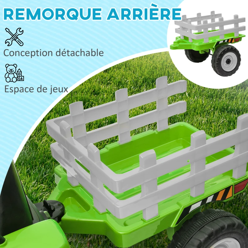 HOMCOM Tracteur électrique avec remorque amovible, pour enfants de 3 à 6 ans avec télécommande MP3 musique affichage lumières