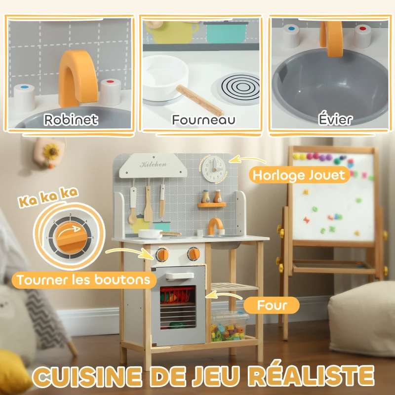 AIYAPLAY Cuisine enfant dinette enfant de 3-6 ans avec cuisinière, robinet d'évier, four, accessoires de cuisine, gris