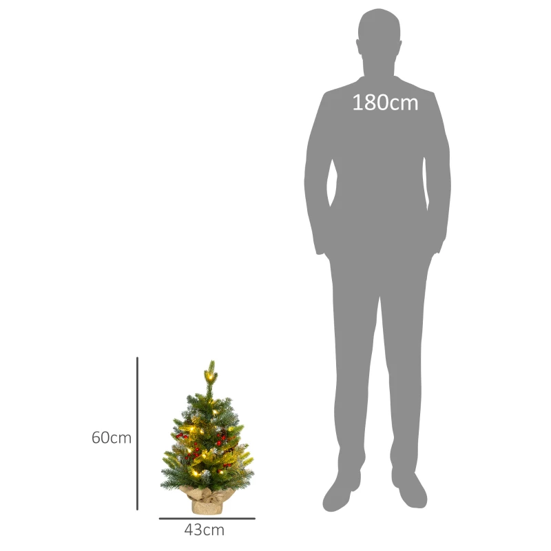 HOMCOM Sapin de Noël 60 cm arbre de Noël de table avec lumière LED, 141 pointes, pommes de pin et baies rouges, base en béton