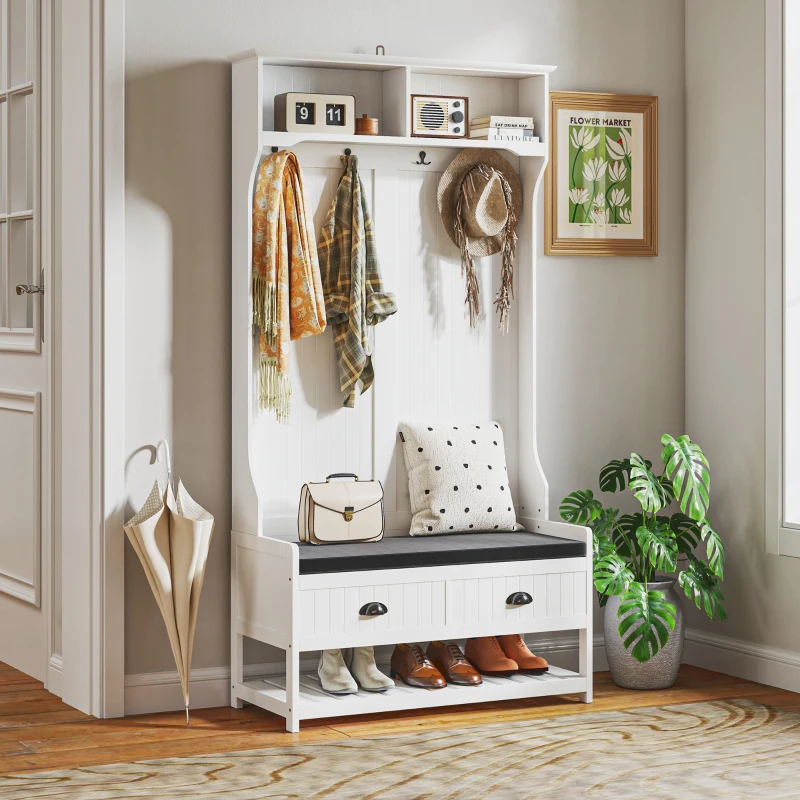 HOMCOM Porte-manteau avec Crochets, Portant à Chaussures, pour Entrée, Couloir, Métal, MDF, Blanc+Gris