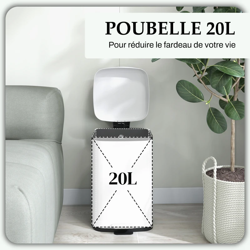 HOMCOM Poubelle de cuisine 20L avec couvercle à fermeture douce et pédale, seau intérieur amovible, 28L x 35l x 45H cm, blanc