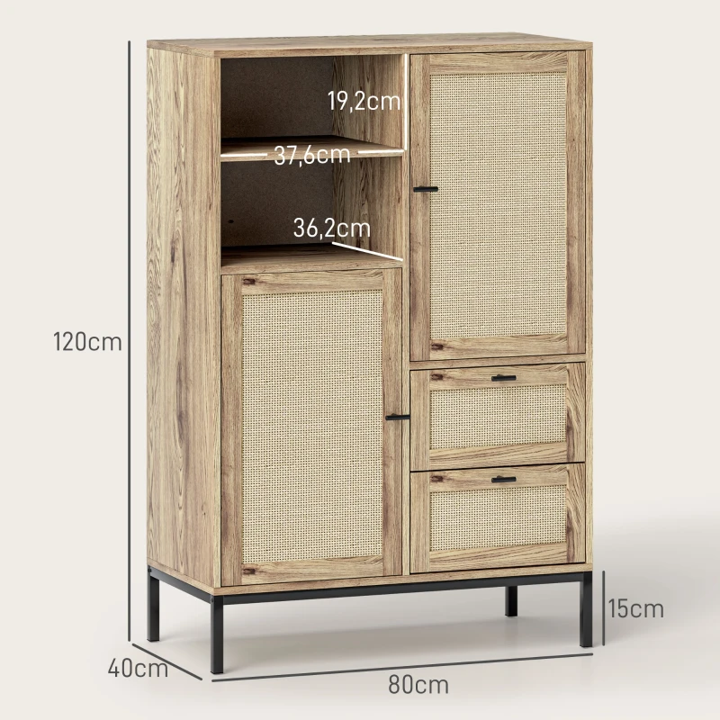 HOMCOM Armoire de Rangement, Commode Flexible avec Portes en Rotin, Tiroirs et Étagères Ajustables, 80L x 40l x 120H cm