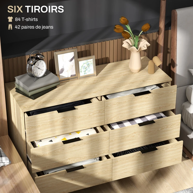 HOMCOM Commode 6 tiroirs Commode moderne pour chambre à coucher avec design anti-basculement 110L x 40l x 75H cm Aspect bois