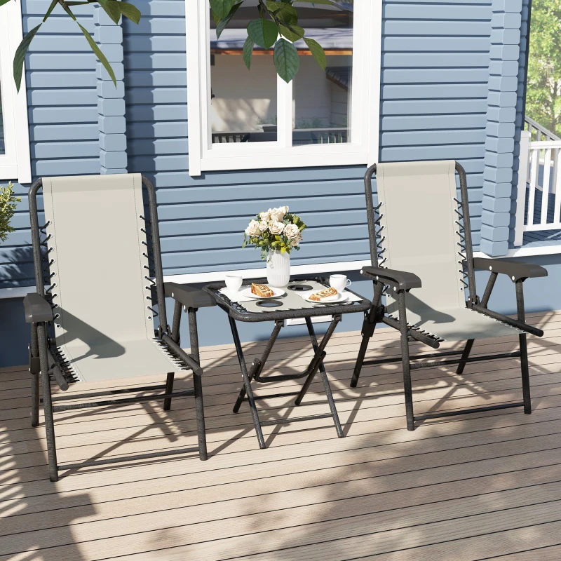 Outsunny Conjunto de Mesa e Cadeiras de Jardim Móveis de Exterior Dobrável com Estrutura de Aço e Suporte para Copos Creme