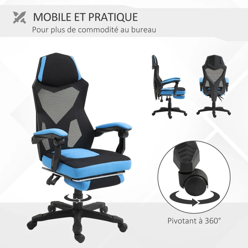 Vinsetto Chaise de bureau fauteuil gaming hauteur réglable dossier roulettes tissu en maille 58 x 63 x 112-122 cm bleu noir