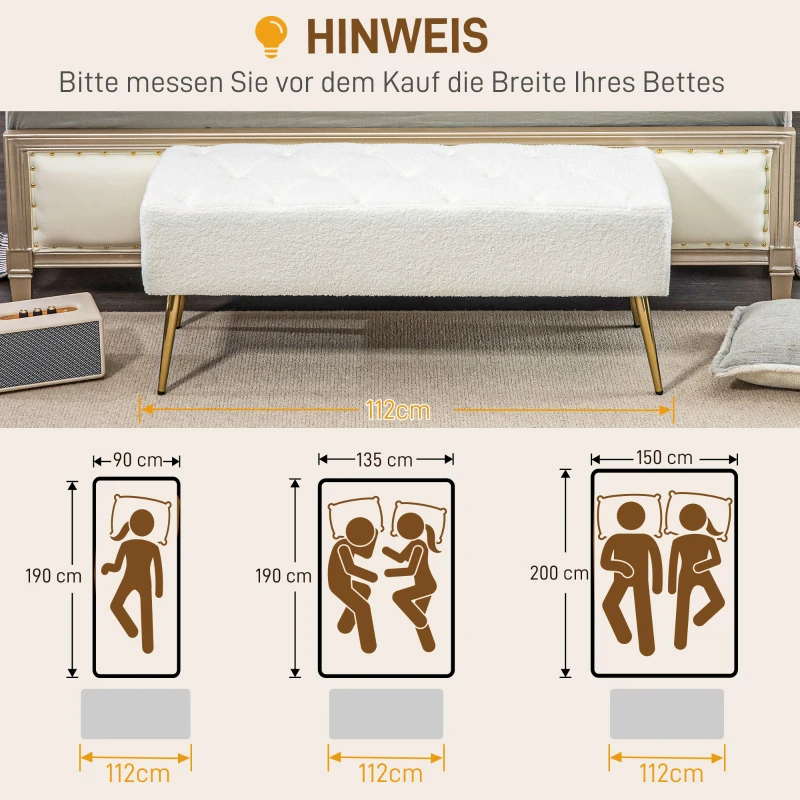 HOMCOM Polsterbank, Knopfheftung, Lammwoll-Optik, vergoldete Beine, bis 120kg, 112x41x46cm, Creme