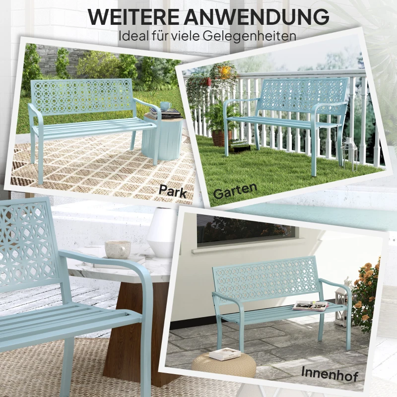 Outsunny Außenbank, Gartenbank aus Stahl, Ausgeschnittene Rückenlehne, Armlehnen, für 2 Personen, Blau