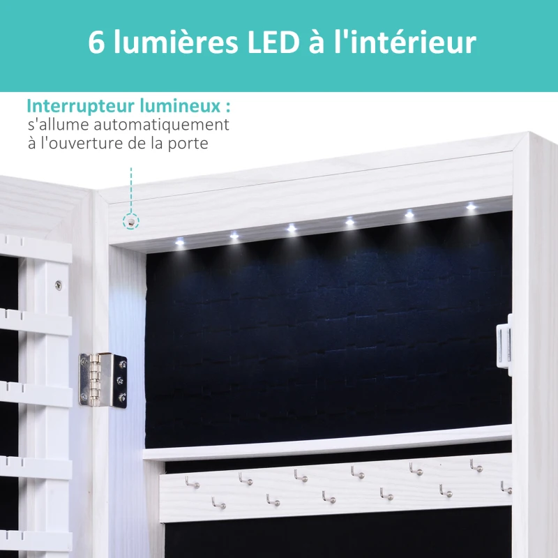 HOMCOM Armoire à bijoux suspendue au mur ou à la porte avec miroir, LED, 5 étagères, 2 tiroirs, 37x10x120cm, effet bois grisé