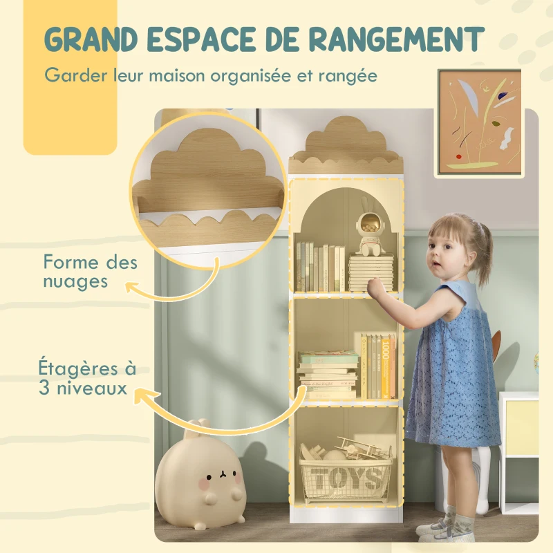 AIYAPLAY Bibliothèque pour enfants avec étagère 3 niveaux joli design nuage pour chambre coin lecture blanc
