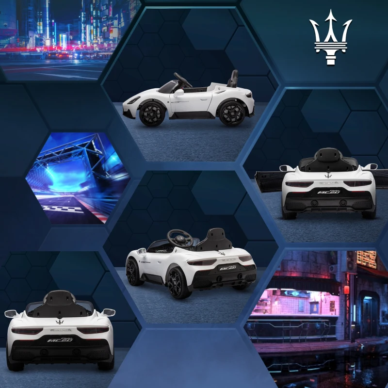AIYAPLAY Elektroauto für Kinder Maserati MC20 12V Lizenzfahrzeug, Fernbedienung, LED, Musik und Hupe, 3-6 Jahre, Weiß