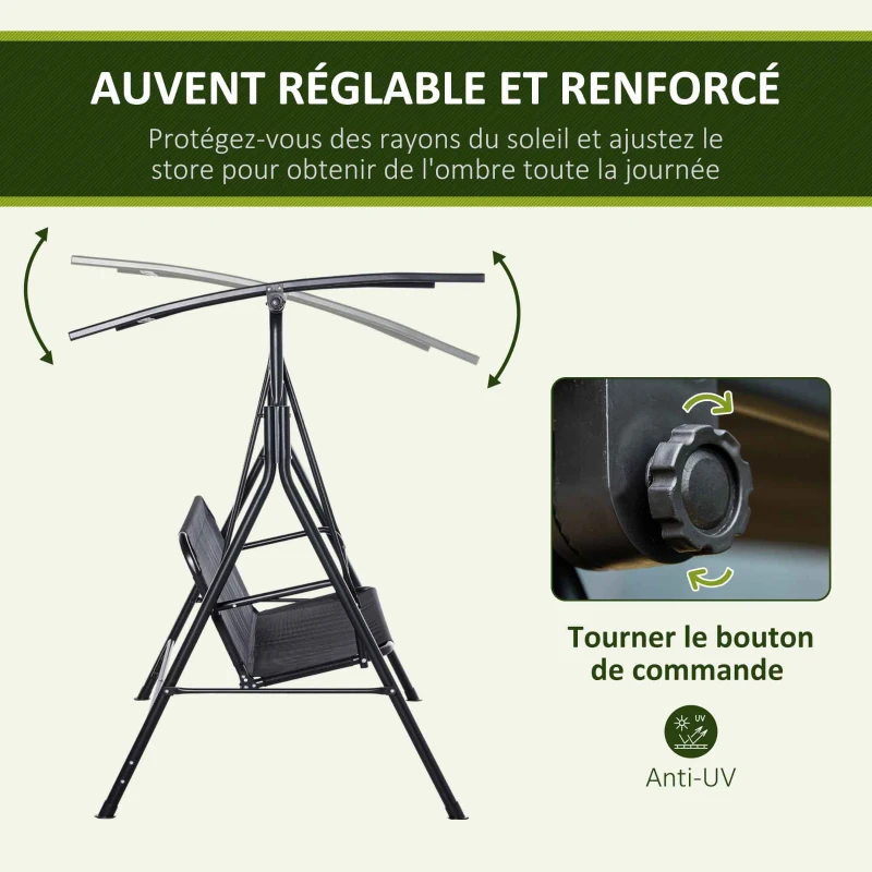 Outsunny Balancelle de jardin 2 places balancelle d'extérieur toit inclinaison réglable structure acier 172 x 110 x 155 cm noir