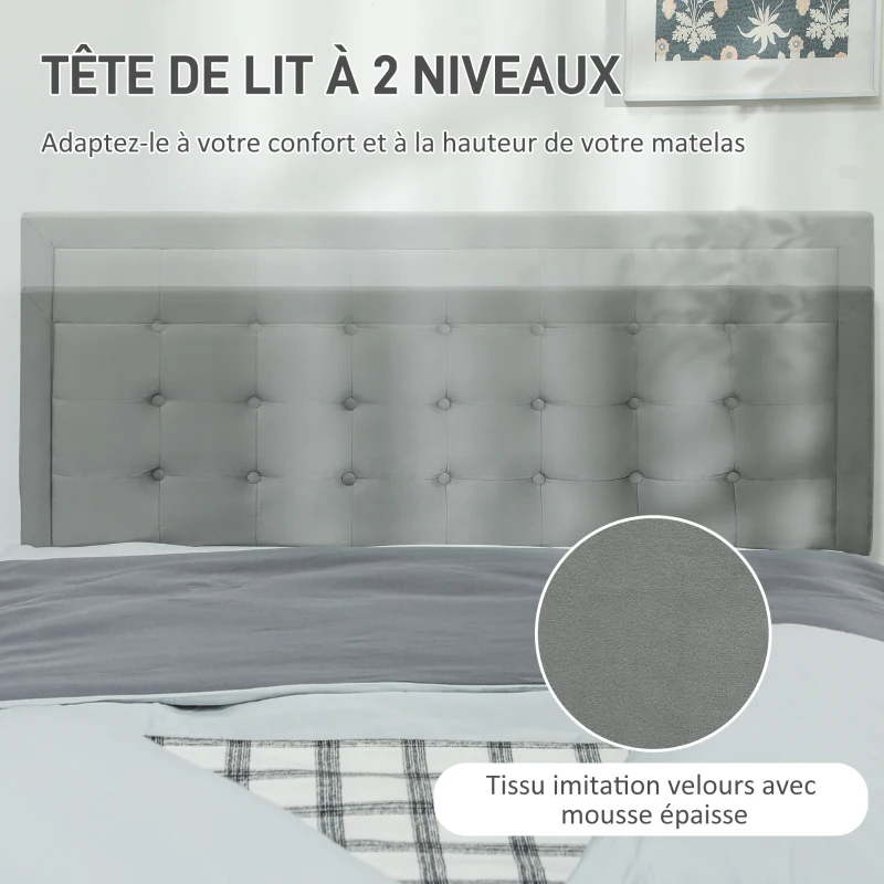 HOMCOM Cadre de lit double sommier coffre à vérins, tiroir à roulettes, tête de lit réglable capitonnée effet velours, gris