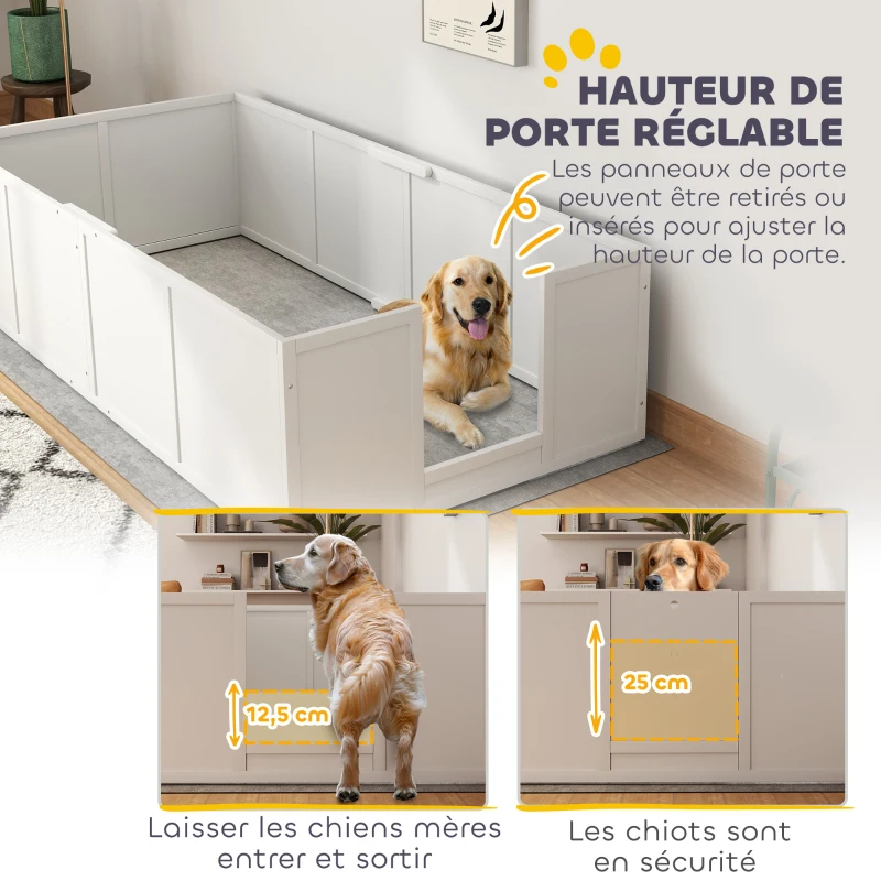 PawHut Boîte de mise bas pour chiens chiots, parc mise bas avec porte à hauteur réglable, pour grands chiens, 196 x 96 x 48 cm