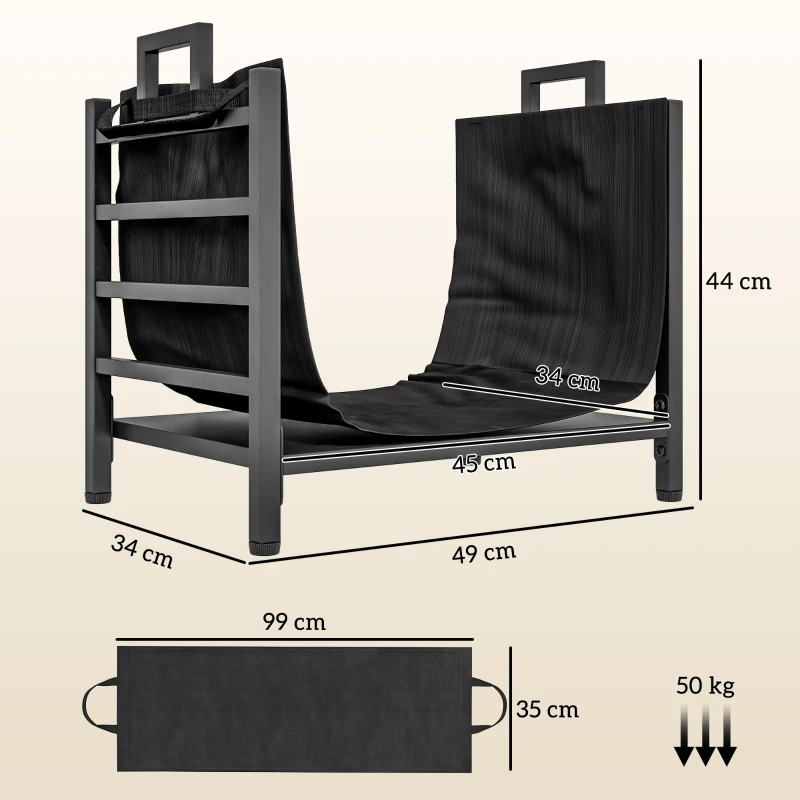 Outsunny Porte-bûches, range-bûches, avec transporteur amovible, intérieure, 49l x 34P x 44H cm, métal, noir