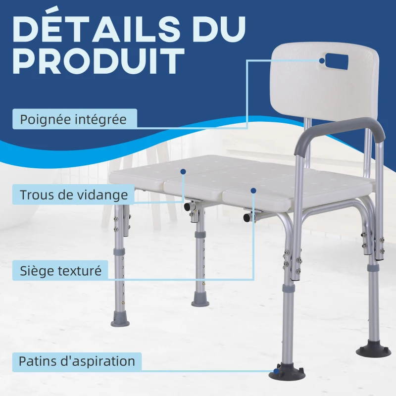 HOMCOM Tabouret de douche chaise de douche dossier ergonomique hauteur réglable pieds antidérapants grande assise charge max. 136 kg 74 x 53 x 80-92 cm blanc
