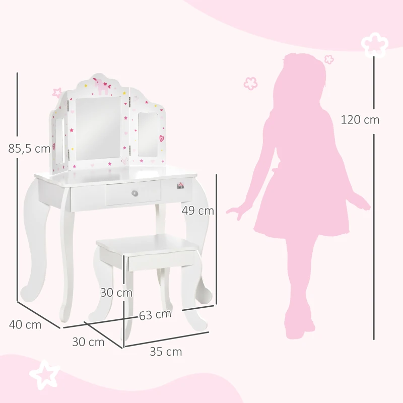 HOMCOM Coiffeuse Enfant avec Tabouret, Miroir triptyque et tiroir Coulissant - Coiffeuse dim. 63L x 40l x 85,5H cm