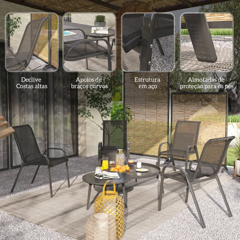 Outsunny Conjunto de 4 Cadeiras de Jardim Empilháveis Cadeiras de Jardim com Tecido Respirável Estrutura de Aço 54x71x93 cm Preto
