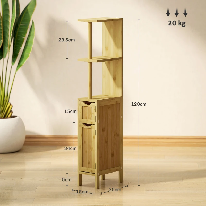 HOMCOM Badezimmerschrank Badezimmerschrank mit 2 offenen Regalen 2 Schränken aus Bambus 18B x 30T x 120H cm Naturholz