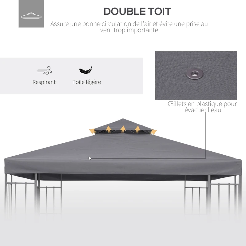 Outsunny Toit de Remplacement pour pavillon de Jardin Toile de Rechange pour pavillon tonnelle Tente 3 x 3 m Gris