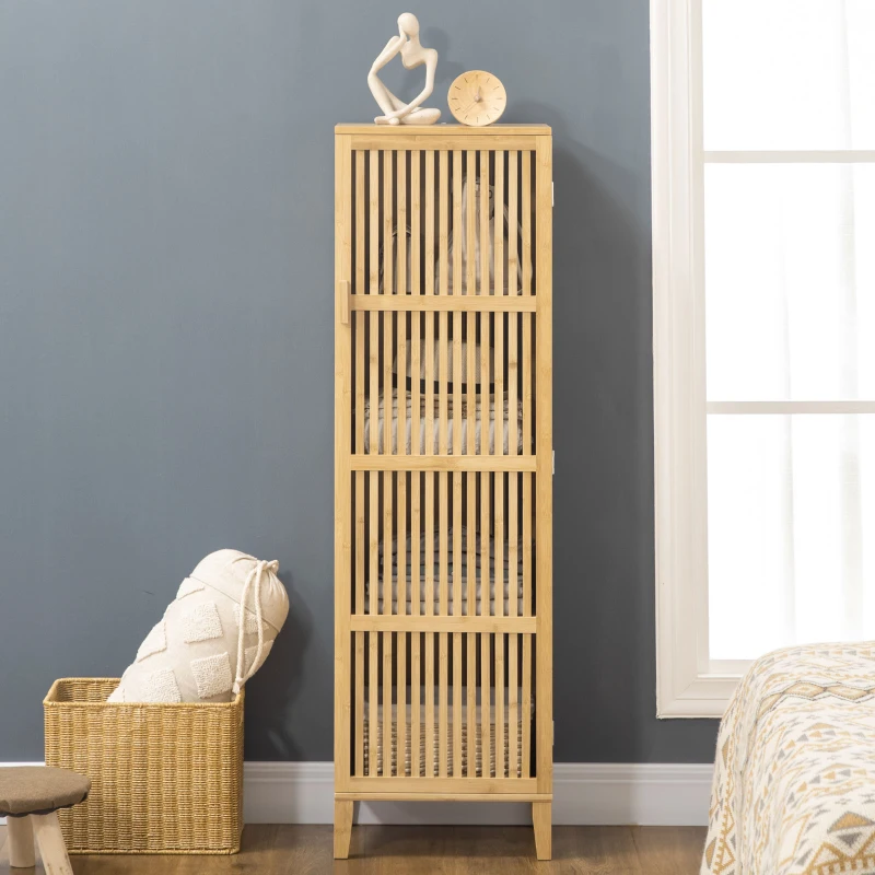 HOMCOM Bamboo Storage Cabinet with Shelves and Slatted Door Design for Bathroom Bedroom Living Room 40 x 30 x 140 cm