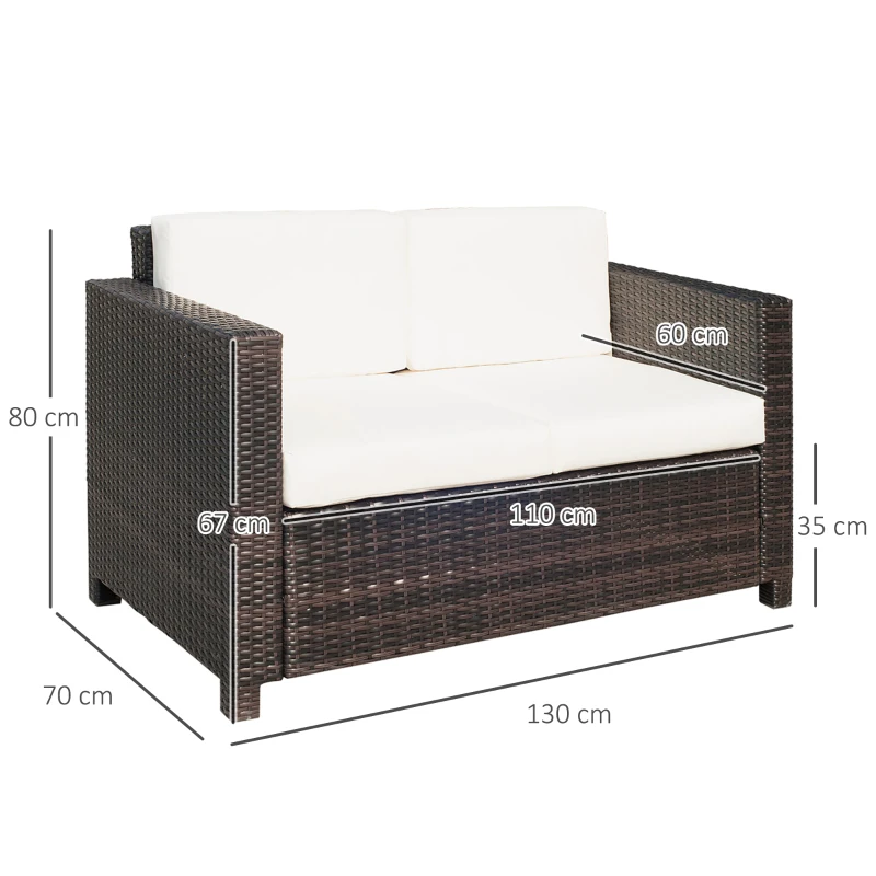 Outsunny Rattan Sofa, 2 Seater Garden Furniture with Soft Padded Cushion and Armrests, Wicker Garden Loveseat for Patio, Mixed Brown