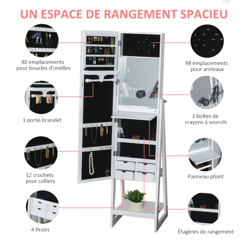 HOMCOM Armoire à Bijoux avec Miroir LED sur Pied Multi-rangements dim. 40L x 37l x 161H cm, blanc