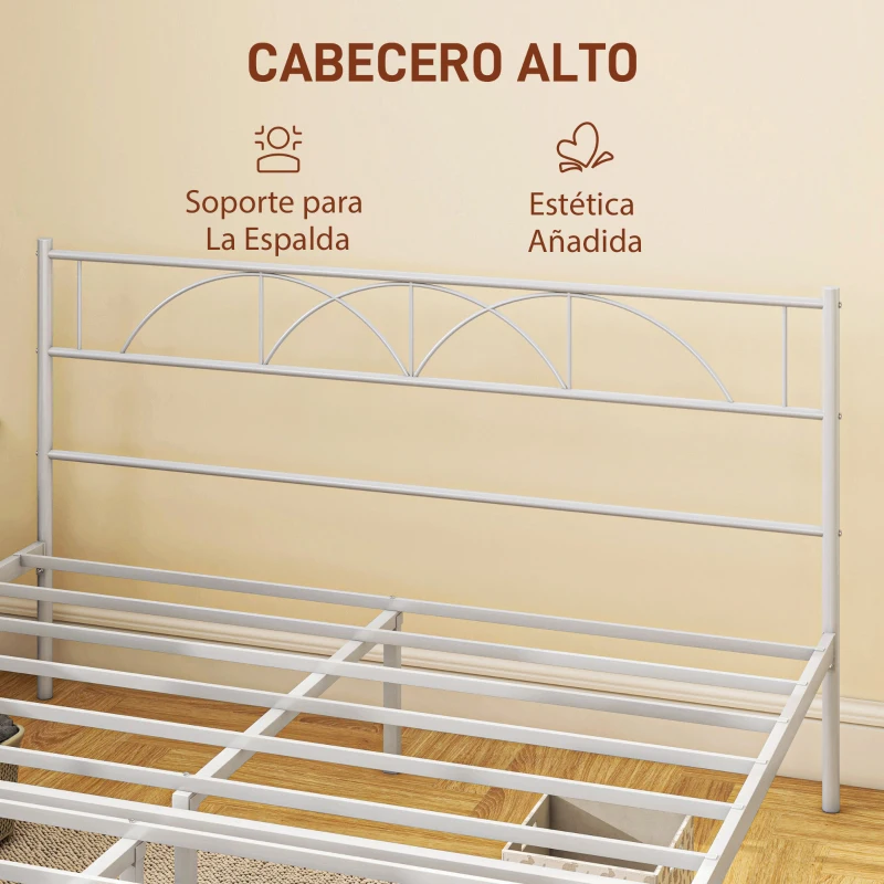 HOMCOM Cama Doble 150x200 cm con Cabecera Listones de Acero y Espacio de Almacenamiento Debajo de la Cama Carga 330 kg Blanco