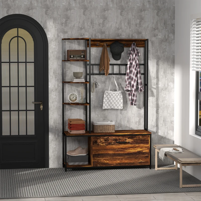 HOMCOM Porte-manteau avec étagère à chaussures 10 crochets, 3 étagères, armoire à chaussures rabattable 2 niveaux, marron