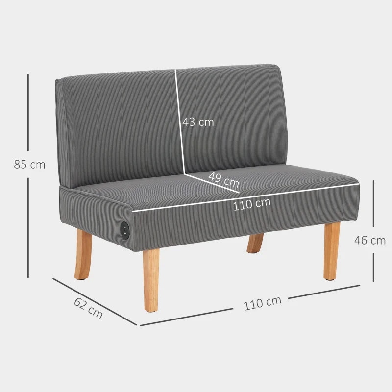 HOMCOM Sofá de 2 Lugares Estofado em Veludo Cotelê Sofá Sala de Estar com 2 Entradas USB 1 Entrada Tipo C 110x60x85 cm Cinza