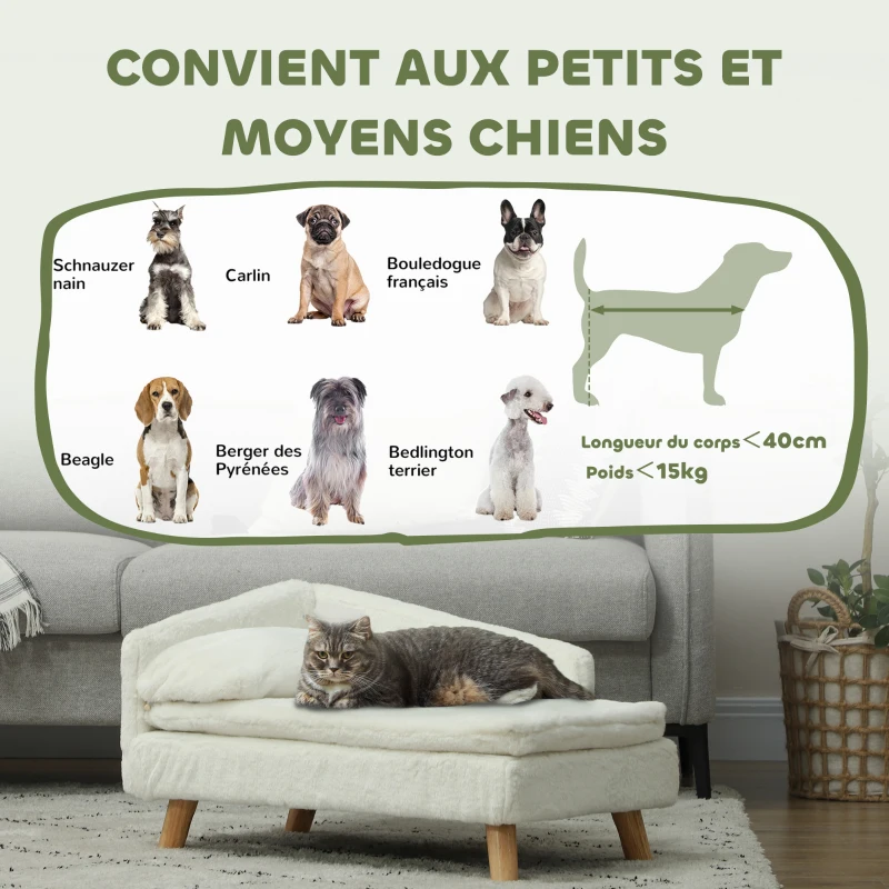 PawHut Canapé pour chien, lit pour chien chat, avec coussin oreiller, en peluche, 70l x 42,5P x 38,5H cm, crème