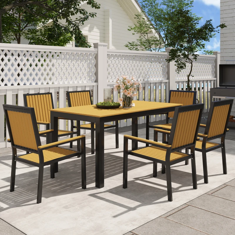 Outsunny 6 Seater Garden Dining Set with Stackable Chairs, Aluminium Frame, Rectangular Plastic Top, Garden Furniture Set, Outdoor Dining Table and Chairs for Patio, Balcony, Poolside, Nature Wood