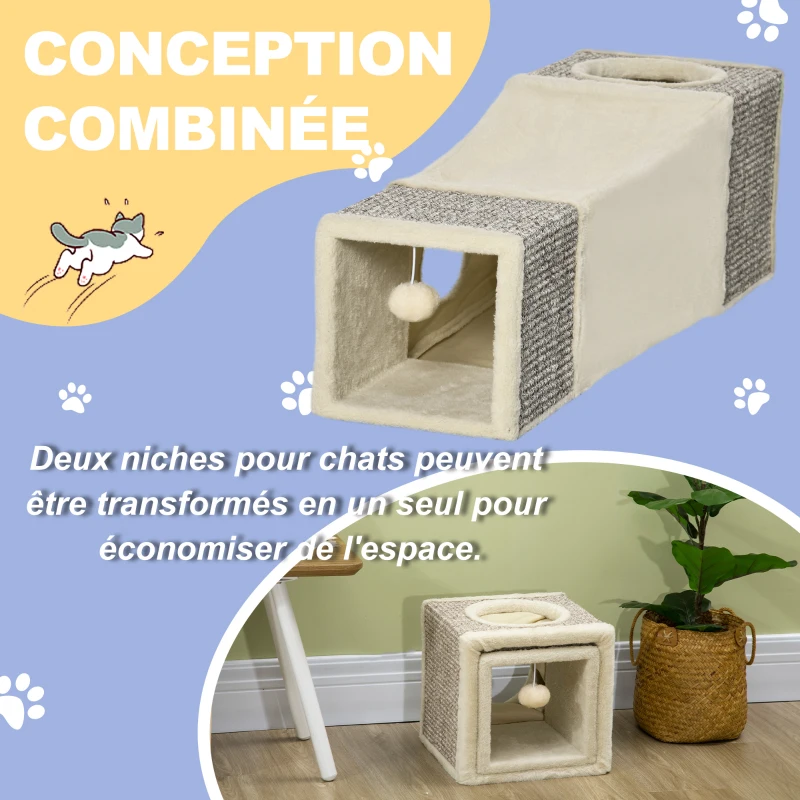 PawHut Tunnel pour chat intérieur jouets pour chats avec balle suspendue entrées multiples en sisal 98 x 30 x 30 cm crème