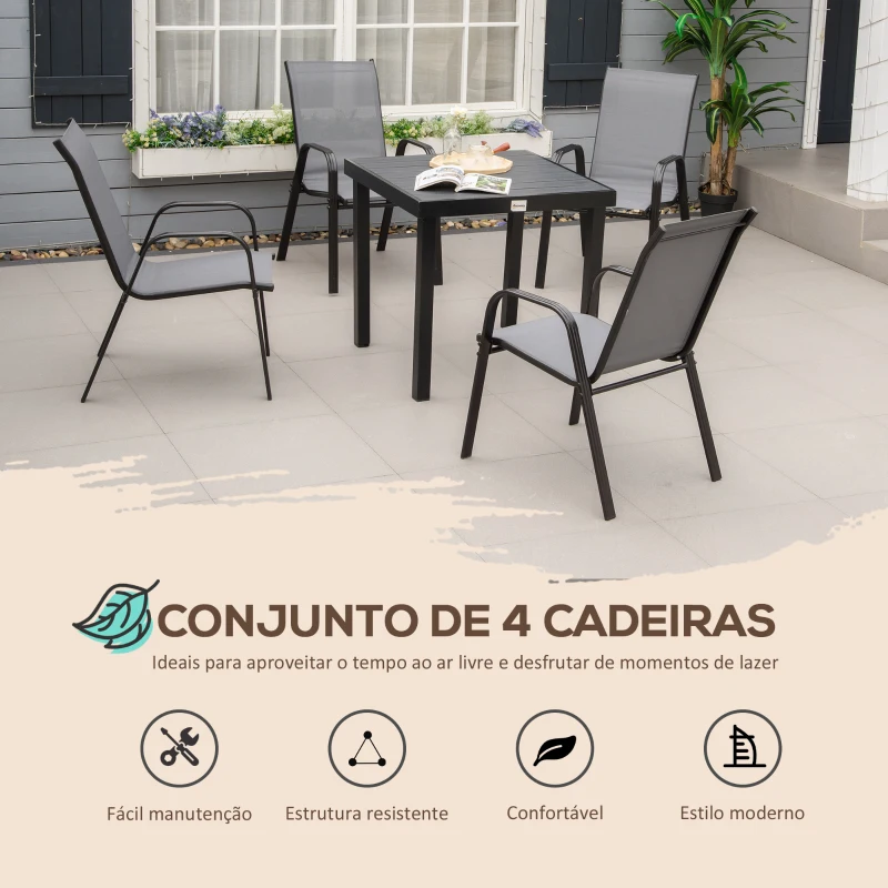 Outsunny Conjunto de 4 Cadeiras de Jardim Empilháveis Cadeiras de Refeição de Exterior com Tecido Respirável 54x75,5x95 cm Cinza