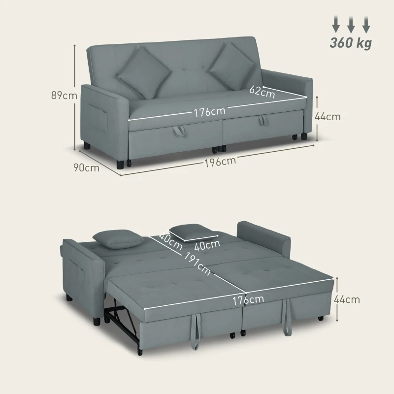 HOMCOM Canapé convertible 3 places canapé-lit clic-clac réversible avec dossier réglable et coussins, 196 x 90 x 89 cm, gris(m-3)