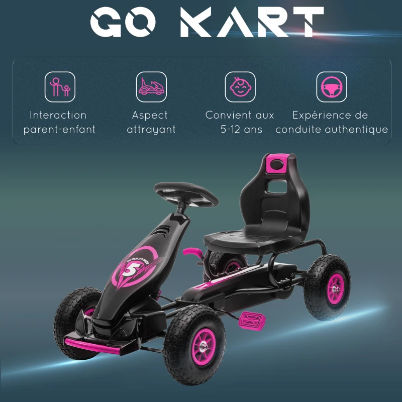 HOMCOM Kart à pédales pour enfant siège réglable 3 positions frein à main enfant de 5 à 12 ans rose noir