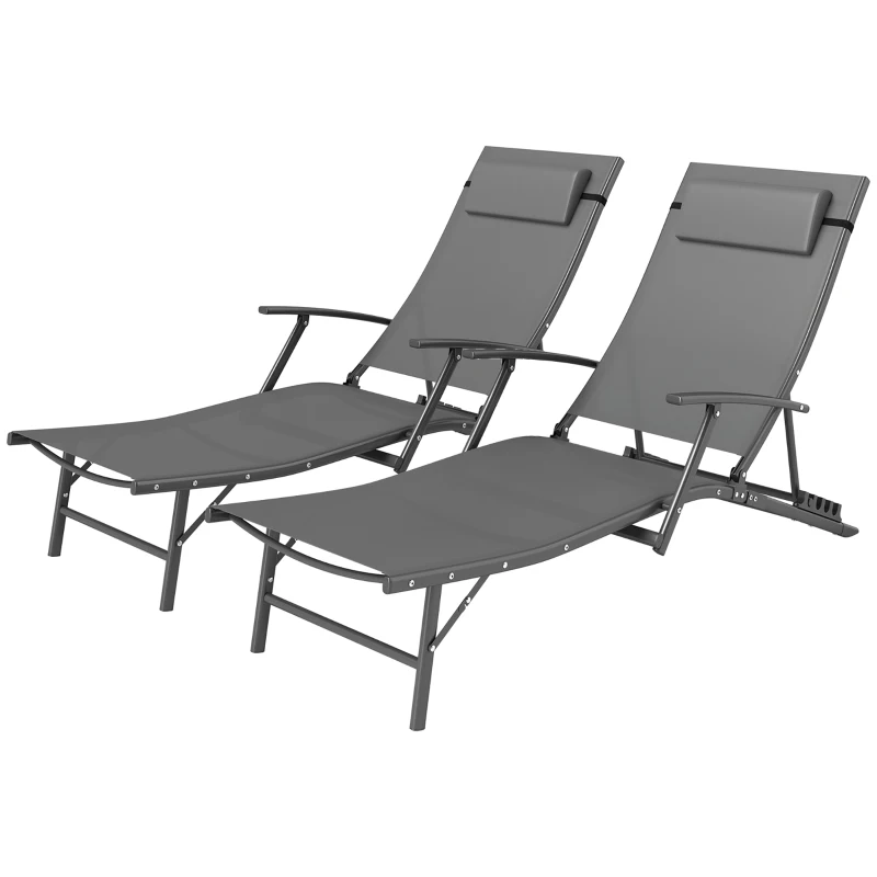 Outsunny Set of Two Adjustable Back Sun Loungers - Grey