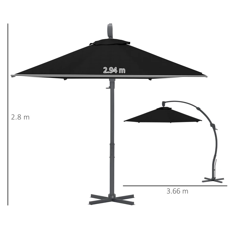 Outsunny 3(m) Garden Cantilever Parasol, Round Overhanging Umbrella with Crank Handle, Cross Base, Aluminium Frame and 360° Rotation, Banana Patio Umbrella for Outdoor Sun Shade, Black