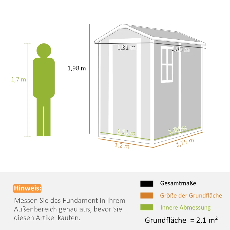 Outsunny Gartenschuppen, Kunststoff-Gartenhaus mit Boden, Fenster, verschließbare Türen, für Garten, 131B x 186T x 198H cm, Grau(m-3)
