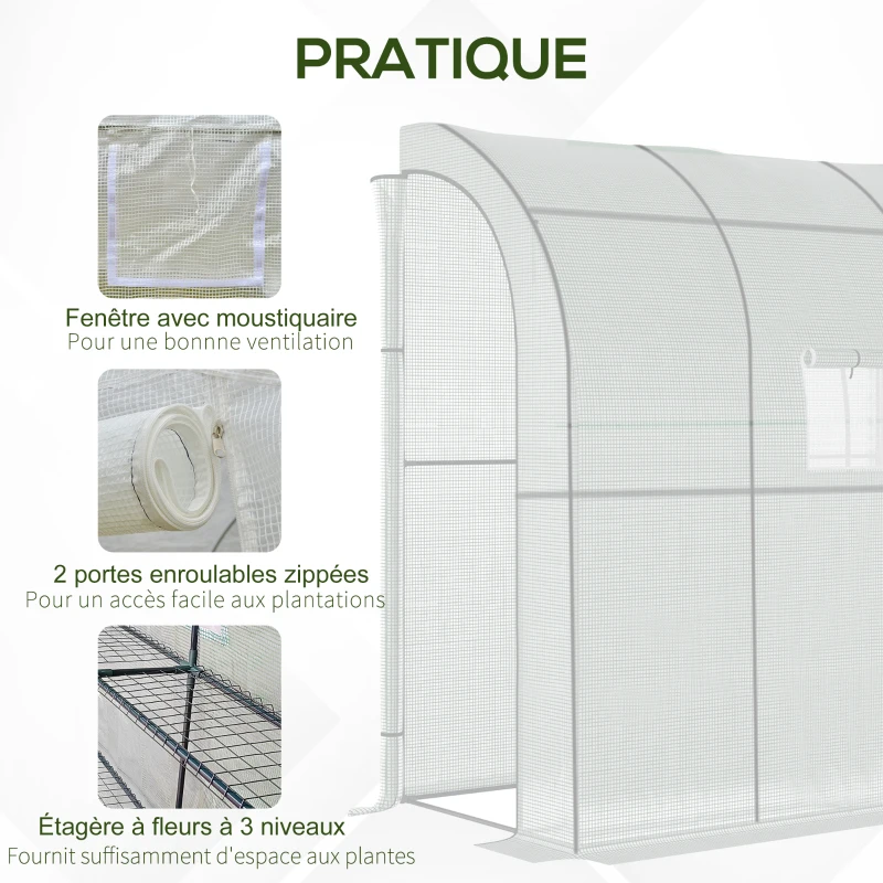 Outsunny Serre de jardin PE avec étagères 3 niveaux, serre de balcon, bâche renforcée 140 g/m², châssis en acier, 2 portes zippées enroulables, pour légumes plantes fleurs, 200 x 100 x 215 cm, blanc