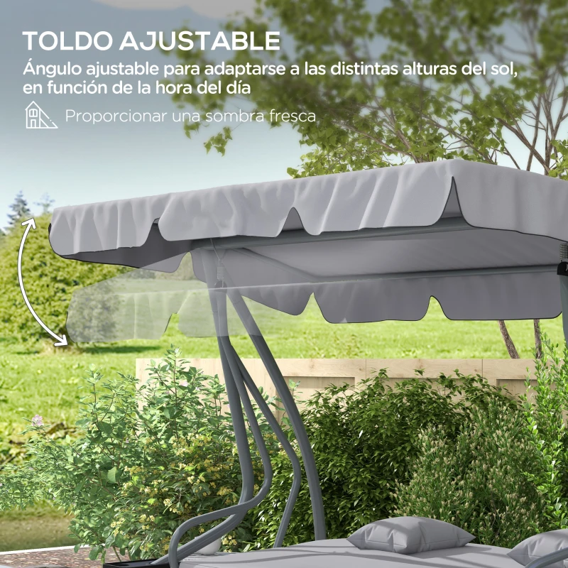 Outsunny Balancín de Jardín Exterior de 3 Plazas Convertible en Cama con Toldo Ajustable y 2 Almohadas Carga 340 kg Gris
